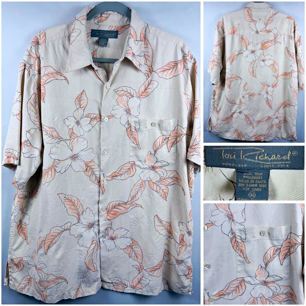 Tori Richard 100% Silk Hawaiian Shirt Floral Aloha Beige Peach Men's XL